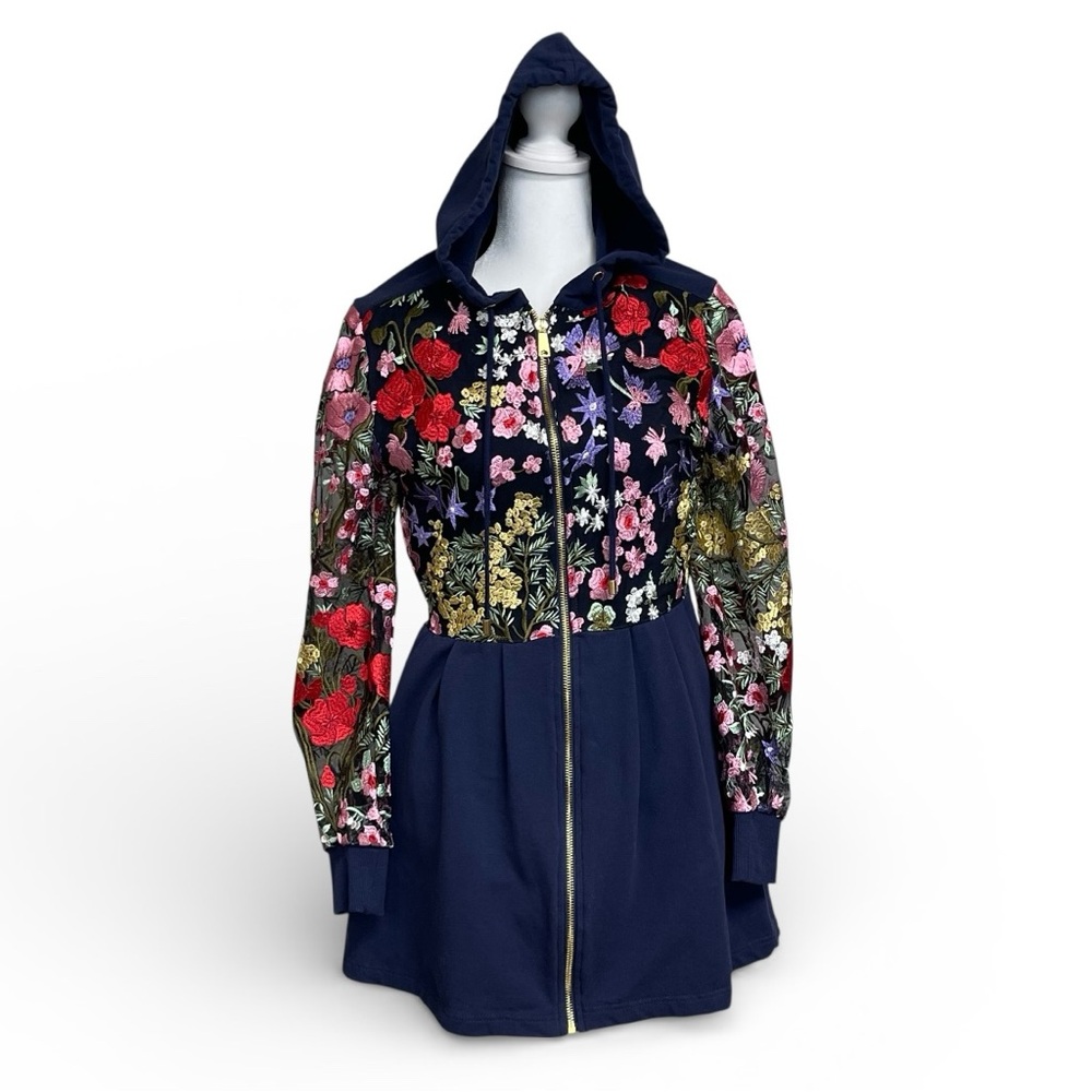 Boston Proper Navy Floral Embroidered Hoodie Jacket Size Small